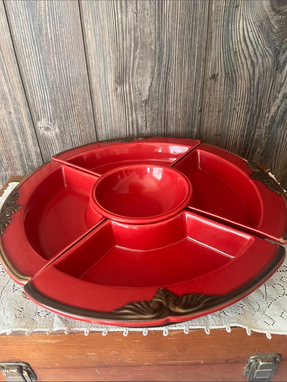 Burgundy serving dish with Center Dip Bowl. Vintage silver tray included.